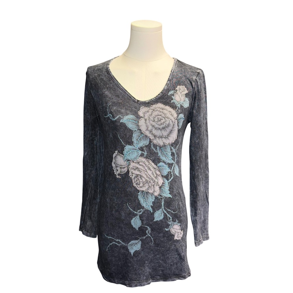 Liberty Wear Womens Floral Rose Rhinestone Acid Wash Long Sleeve Tunic Top Small